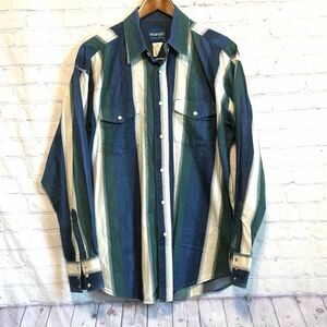 VINTAGE Wrangler Shirt Mens L Striped Pearl Snap Cowboy Western Rodeo Retro 90s